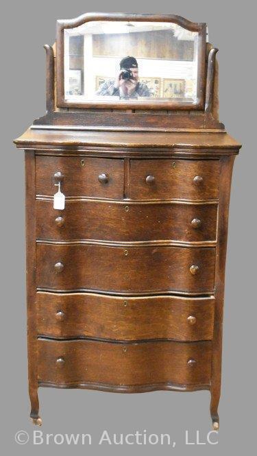 High boy 6-drawer chest of drawers with beveled swing mirror, serpentine front, 36"w x 19" deep x 5'10" tall