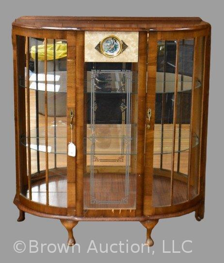 Cherry wood curved glass curio cabinet, mirrored back, wood trim and etching on glass, 40"w x 15" deep x 3'10" tall
