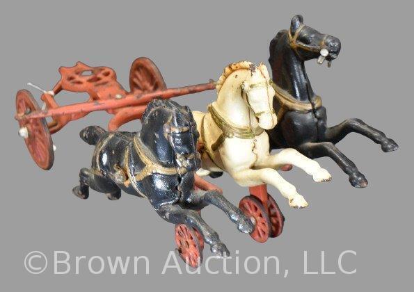 Cast Iron 3-horse drawn fire ladder truck wagon, 15"l