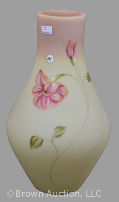 Fenton Burmese Art Glass 13"h vase with large flower design