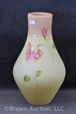 Fenton Burmese Art Glass 13"h vase with large flower design - 3