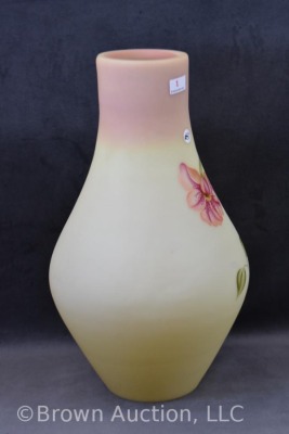Fenton Burmese Art Glass 13"h vase with large flower design - 6