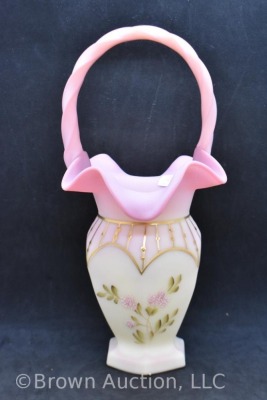 Fenton Burmese Art Glass basket with floral design, gold highlights - 2