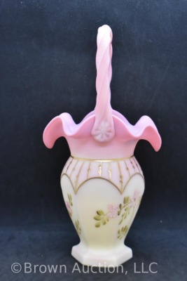 Fenton Burmese Art Glass basket with floral design, gold highlights - 3