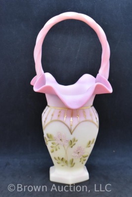 Fenton Burmese Art Glass basket with floral design, gold highlights - 4