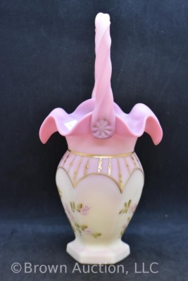 Fenton Burmese Art Glass basket with floral design, gold highlights - 5