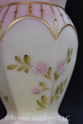 Fenton Burmese Art Glass basket with floral design, gold highlights - 6