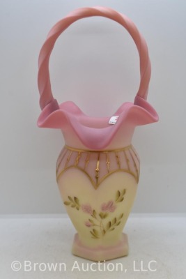Fenton Burmese Art Glass basket with floral design, gold highlights - 8