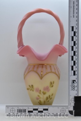 Fenton Burmese Art Glass basket with floral design, gold highlights - 10
