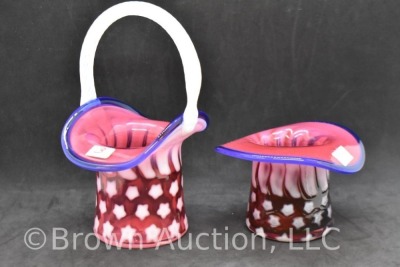 (2) Fenton Art Glass cranberry opalescent Stars and Stripes pcs: 3"h top hat; 6.75"h basket - 2