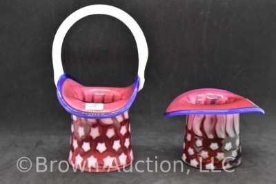 (2) Fenton Art Glass cranberry opalescent Stars and Stripes pcs: 3"h top hat; 6.75"h basket - 3