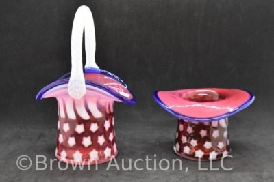 (2) Fenton Art Glass cranberry opalescent Stars and Stripes pcs: 3"h top hat; 6.75"h basket - 4