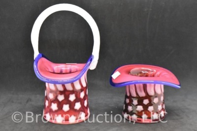 (2) Fenton Art Glass cranberry opalescent Stars and Stripes pcs: 3"h top hat; 6.75"h basket - 5
