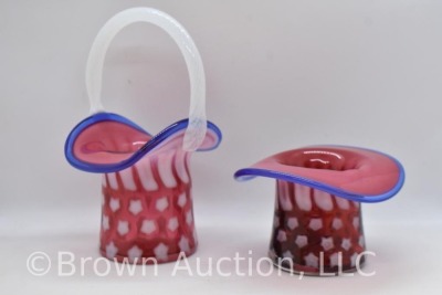 (2) Fenton Art Glass cranberry opalescent Stars and Stripes pcs: 3"h top hat; 6.75"h basket - 8