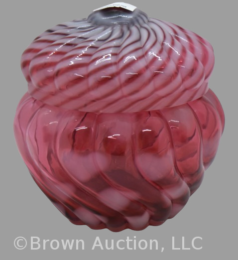 Fenton Art Glass cranberry opalescent Hearts optic 5"h cov. powder jar