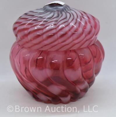 Fenton Art Glass cranberry opalescent Hearts optic 5"h cov. powder jar - 2