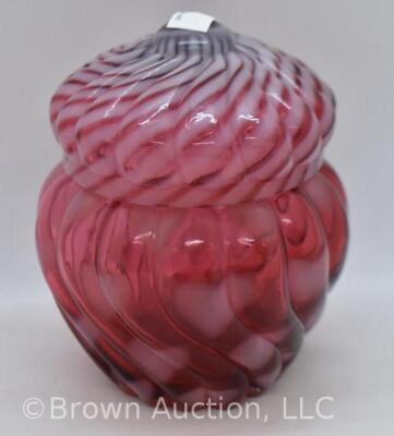 Fenton Art Glass cranberry opalescent Hearts optic 5"h cov. powder jar - 3