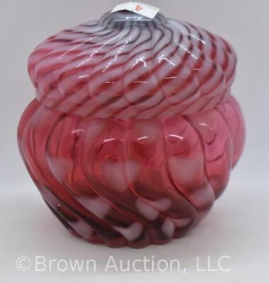 Fenton Art Glass cranberry opalescent Hearts optic 5"h cov. powder jar - 4