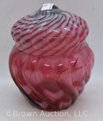 Fenton Art Glass cranberry opalescent Hearts optic 5"h cov. powder jar - 5