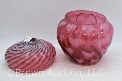 Fenton Art Glass cranberry opalescent Hearts optic 5"h cov. powder jar - 6