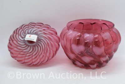 Fenton Art Glass cranberry opalescent Hearts optic 5"h cov. powder jar - 7