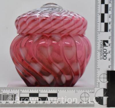 Fenton Art Glass cranberry opalescent Hearts optic 5"h cov. powder jar - 11