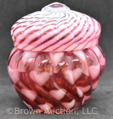 Fenton Art Glass cranberry opalescent Hearts optic 5"h cov. powder jar - 12
