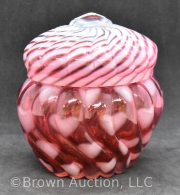 Fenton Art Glass cranberry opalescent Hearts optic 5"h cov. powder jar - 13