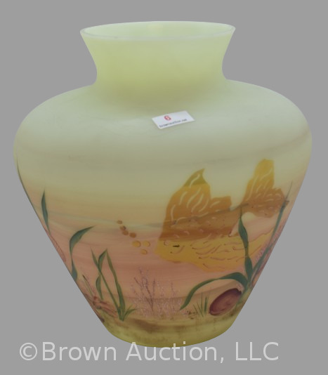 Fenton Burmese Art Glass 8" vase decorated with fish