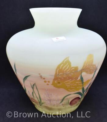 Fenton Burmese Art Glass 8" vase decorated with fish - 2