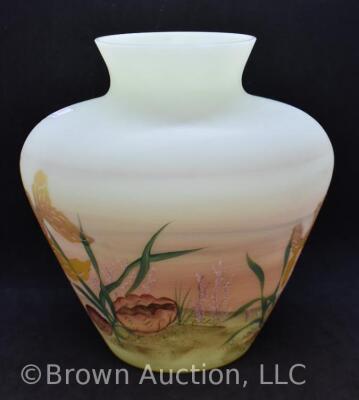 Fenton Burmese Art Glass 8" vase decorated with fish - 3