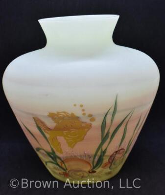 Fenton Burmese Art Glass 8" vase decorated with fish - 4
