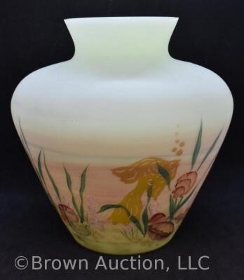 Fenton Burmese Art Glass 8" vase decorated with fish - 5