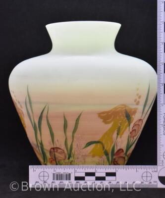 Fenton Burmese Art Glass 8" vase decorated with fish - 7