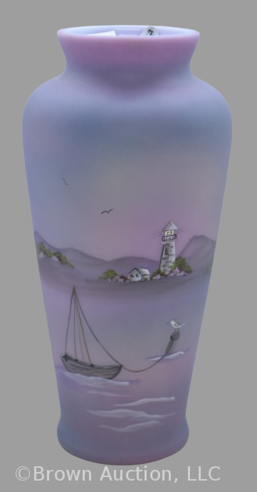 Fenton Art Glass satin lavender 10.5" Lighthouse/ sea short vase