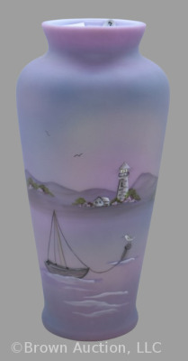 Fenton Art Glass satin lavender 10.5" Lighthouse/ sea short vase