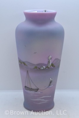 Fenton Art Glass satin lavender 10.5" Lighthouse/ sea short vase - 2