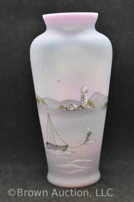 Fenton Art Glass satin lavender 10.5" Lighthouse/ sea short vase - 9