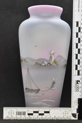 Fenton Art Glass satin lavender 10.5" Lighthouse/ sea short vase - 10