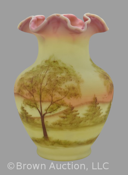 Fenton Burmese Art Glass 9" vase (1990), trees and landscape scene