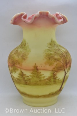Fenton Burmese Art Glass 9" vase (1990), trees and landscape scene - 2