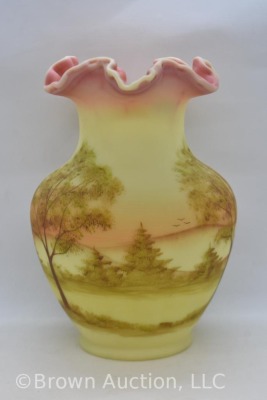Fenton Burmese Art Glass 9" vase (1990), trees and landscape scene - 3
