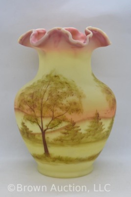 Fenton Burmese Art Glass 9" vase (1990), trees and landscape scene - 4