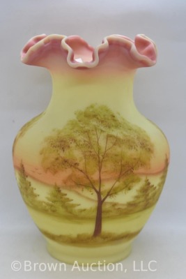 Fenton Burmese Art Glass 9" vase (1990), trees and landscape scene - 5