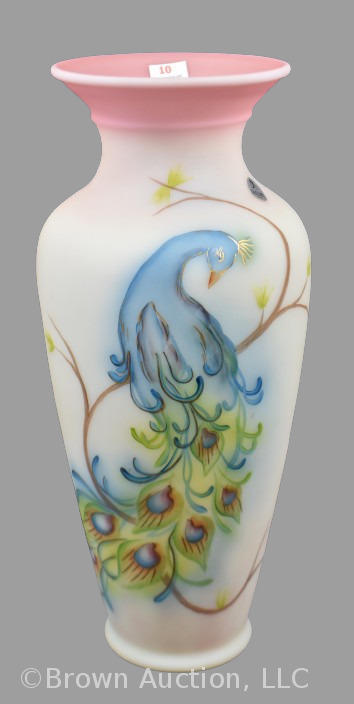 Fenton Burmese Art Glass 14.5"h Regal Peacock vase, artist signed
