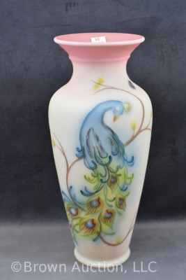 Fenton Burmese Art Glass 14.5"h Regal Peacock vase, artist signed - 2
