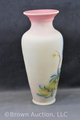 Fenton Burmese Art Glass 14.5"h Regal Peacock vase, artist signed - 5