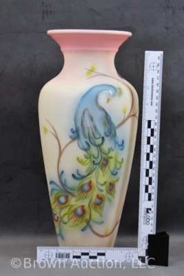 Fenton Burmese Art Glass 14.5"h Regal Peacock vase, artist signed - 7
