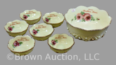 Custard Glass Diamond Peg Krystol 7 pc. berry set, roses decoration