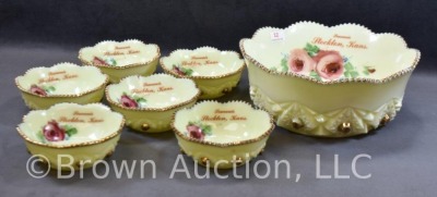 Custard Glass Diamond Peg Krystol 7 pc. berry set, roses decoration - 2